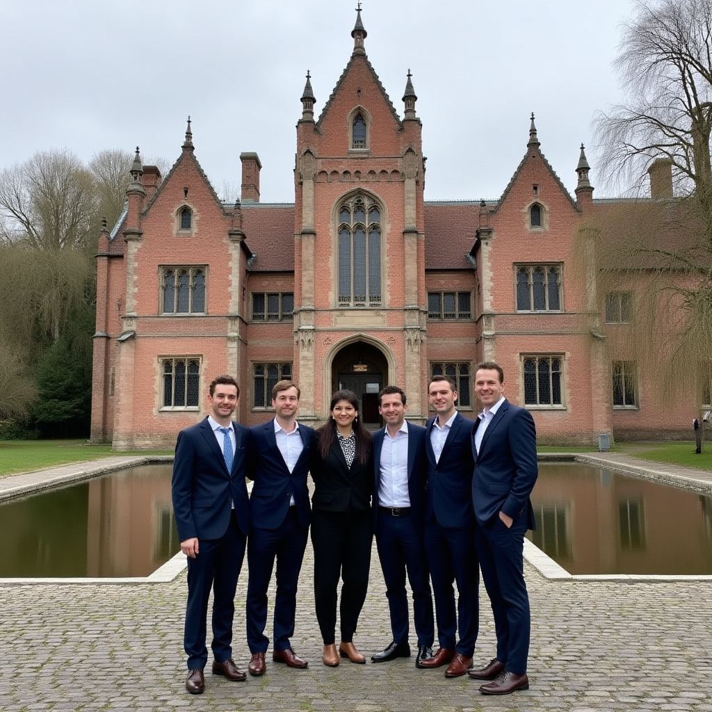 Équipe EcoDomo devant un bâtiment historique à Bruges